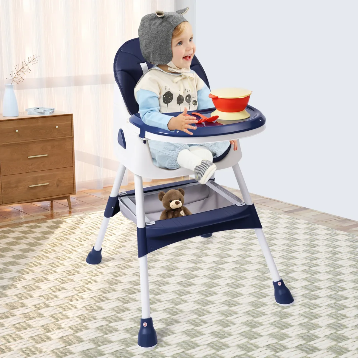 Chaise haute pliable bleue à double plateau