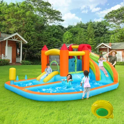 Château gonflable avec toboggan aquatique, orange