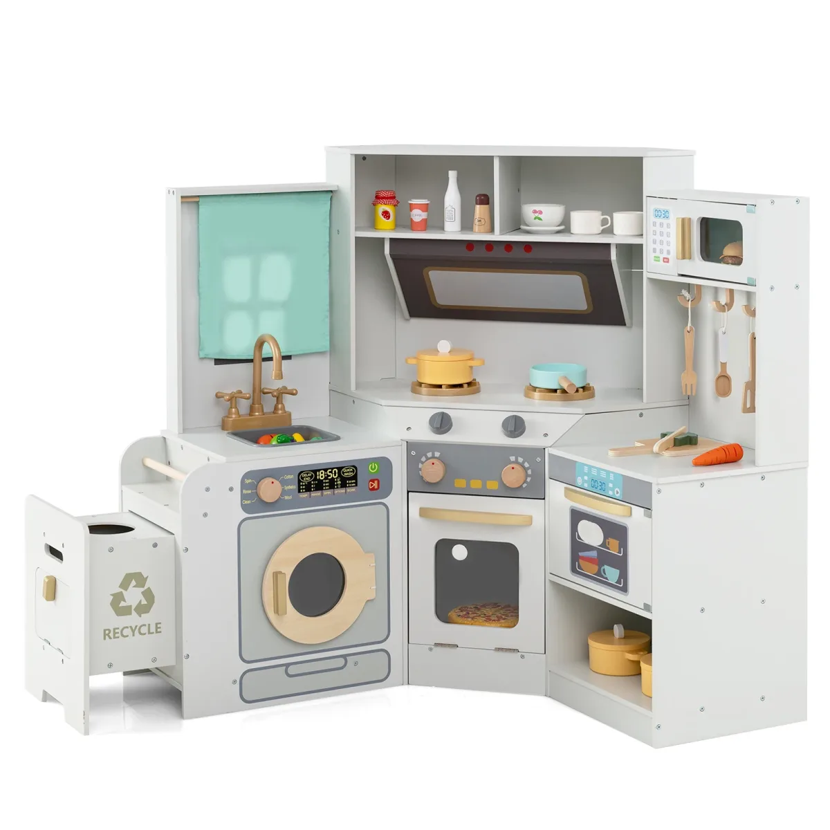 Cuisine d'angle enfant en bois, gris et rose