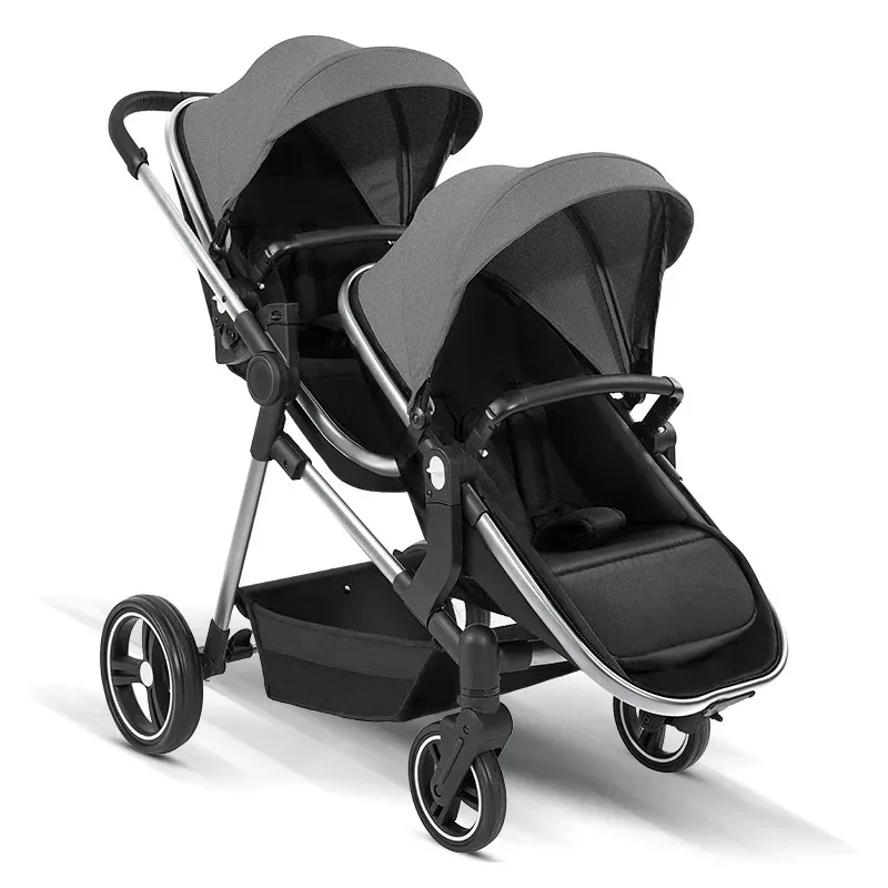 Poussette double pliable 2 en 1 grise